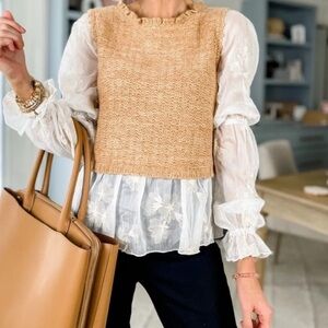 Anthropologie Tan Puff Sleeve Ruffled Peplum Blouse